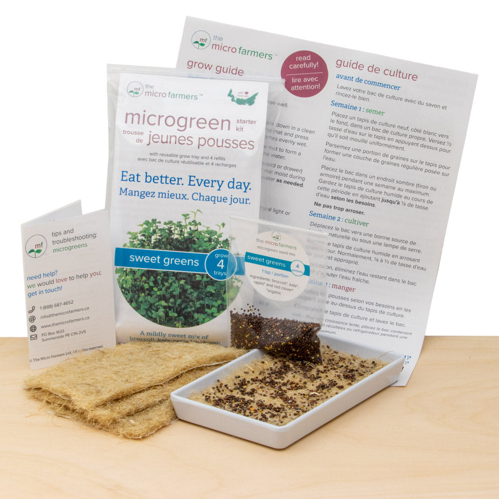 sweet greens microgreens grow kit | grow a delicious blend of broccoli, kale, rapini and clover microgreens