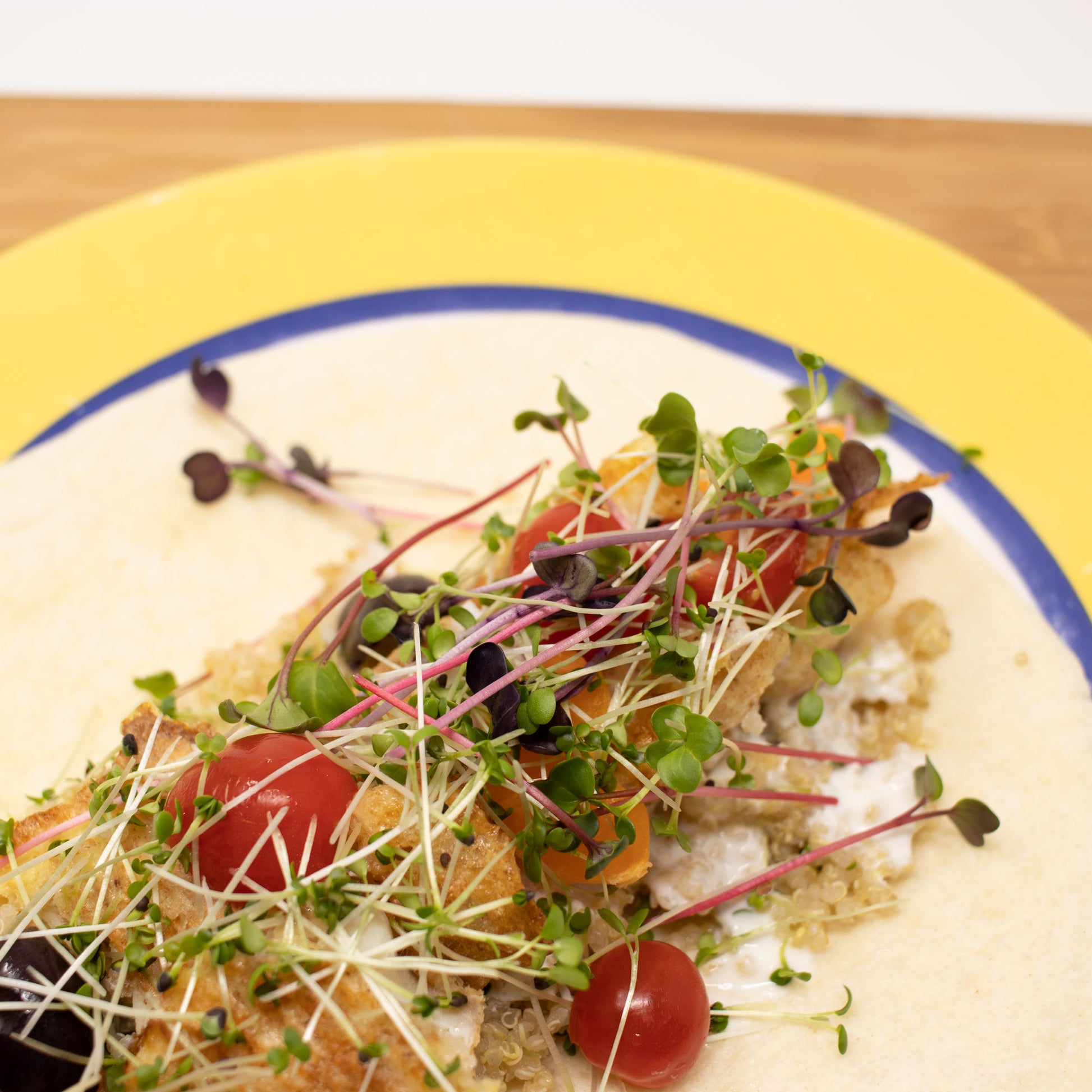 Tangy choy microgreens on fish taco